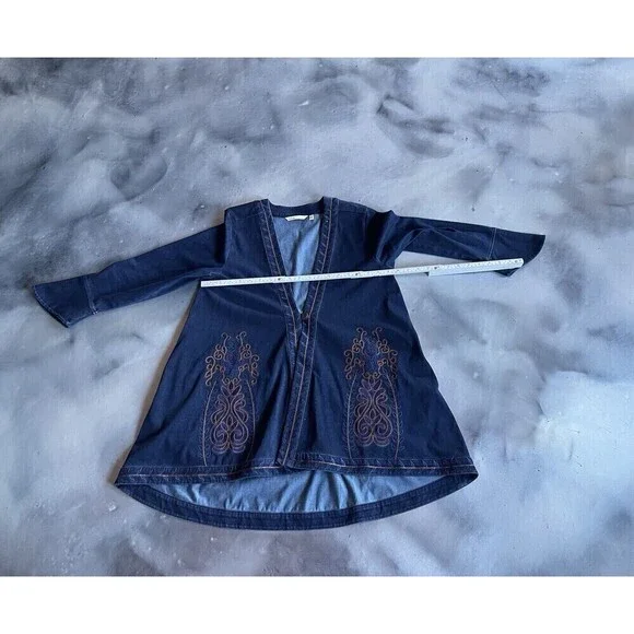 Soft Surroundings Stretch Denim Embroidery Tunic Jacket Sz PM Boho Button Front - Picture 7 of 11